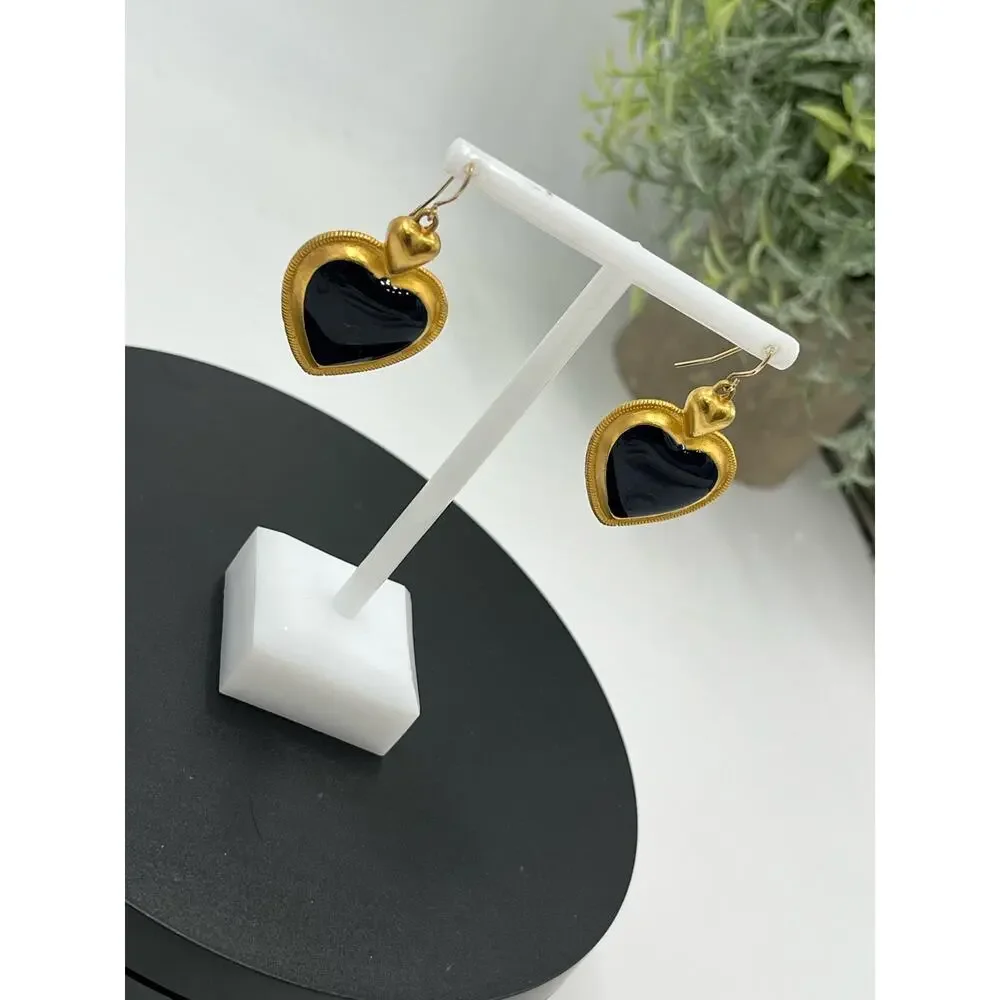 Vintage Gold Tone‎ and Black Enamel Heart Dangle Drop Earrings